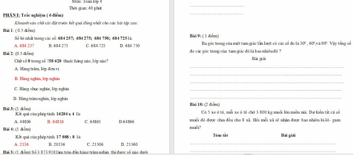 Đề kiểm tra giữa kì 1 môn Toán 4 KNTT