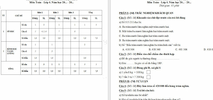 Đề kiểm tra giữa kì 1 môn Toán 4 KNTT