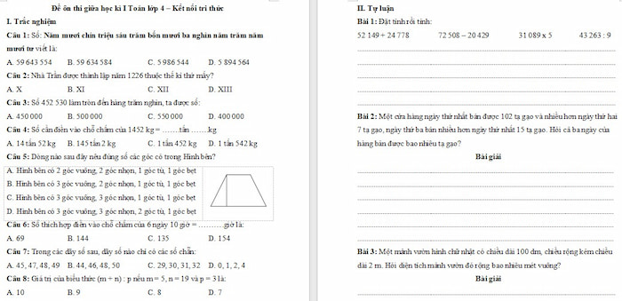 Đề ôn thi giữa học kì 1 Toán lớp 4 sách Kết nối tri thức