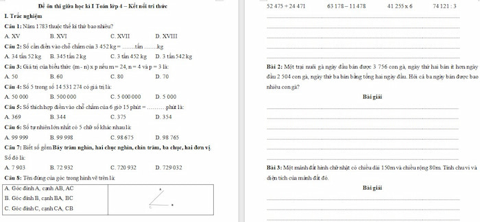 Đề ôn thi giữa học kì 1 Toán lớp 4 sách Kết nối tri thức