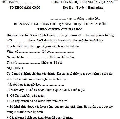 Biên bản sinh hoạt chuyên môn theo nghiên cứu bài học