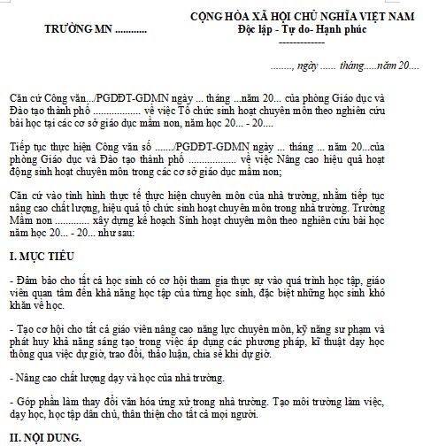 Kế hoạch sinh hoạt chuyên môn theo nghiên cứu bài học Mầm non