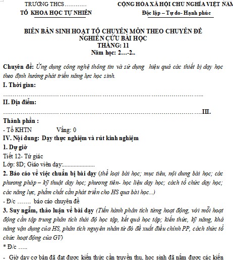 Biên bản sinh hoạt chuyên môn theo nghiên cứu bài học THCS tổ tự nhiên