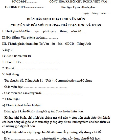 Biên bản sinh hoạt chuyên môn theo hướng nghiên cứu bài học THPT