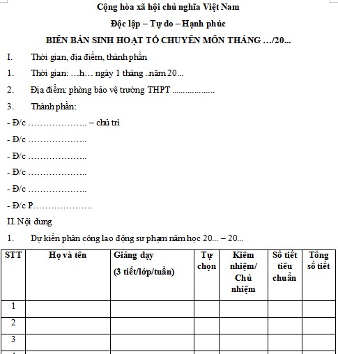 Biên bản sinh hoạt chuyên môn hàng tháng