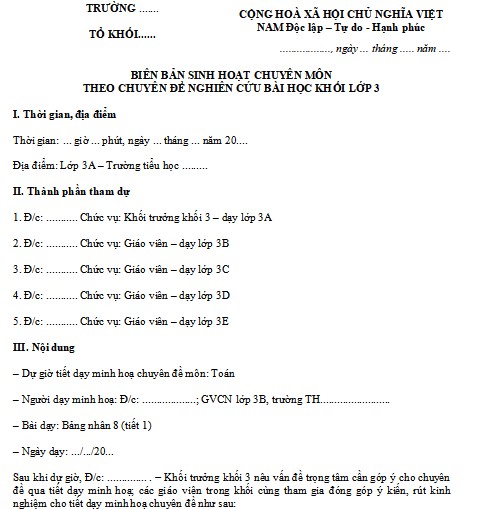 Biên bản sinh hoạt chuyên môn theo nghiên cứu bài học ở Tiểu học