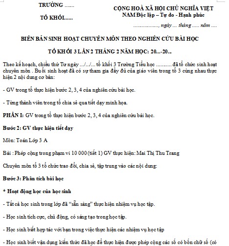 Biên bản sinh hoạt chuyên môn theo nghiên cứu bài học ở Tiểu học