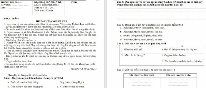 Đề thi giữa học kì 1 Tiếng Việt 3 KNTT