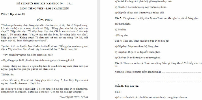 Đề thi giữa học kì 1 Tiếng Việt 3 Cánh diều