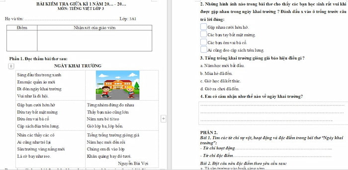Đề thi giữa học kì 1 Tiếng Việt 3 Cánh diều