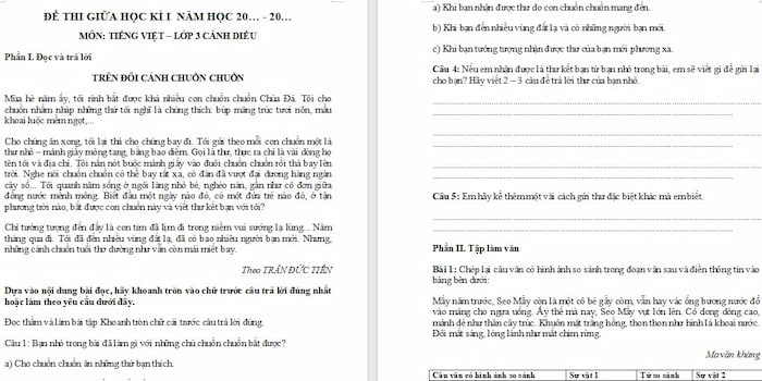 Đề thi giữa học kì 1 Tiếng Việt 3 Cánh diều