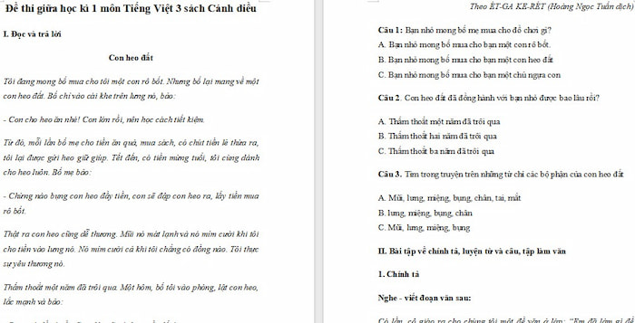 Đề thi giữa học kì 1 Tiếng Việt 3 Cánh diều