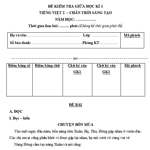 Đề thi giữa học kì 1 Tiếng Việt lớp 2 CTST