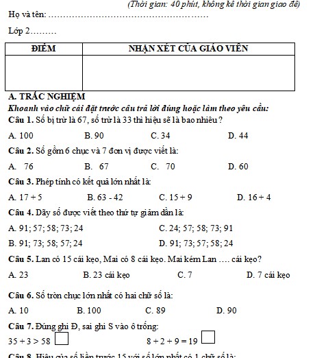 Đề thi giữa kì 1 Toán lớp 2 Cánh Diều