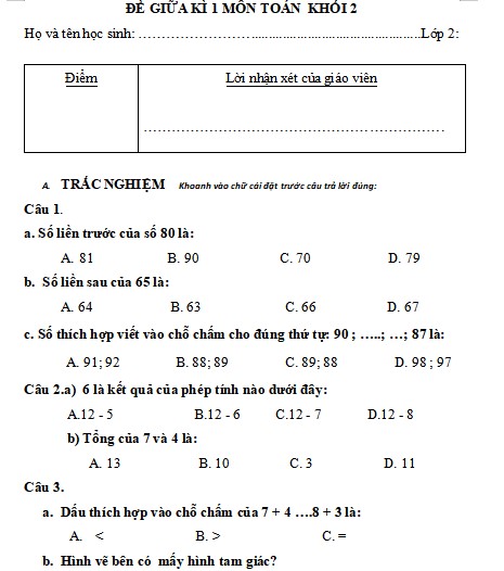 Đề thi giữa kì 1 Toán lớp 2 Cánh Diều