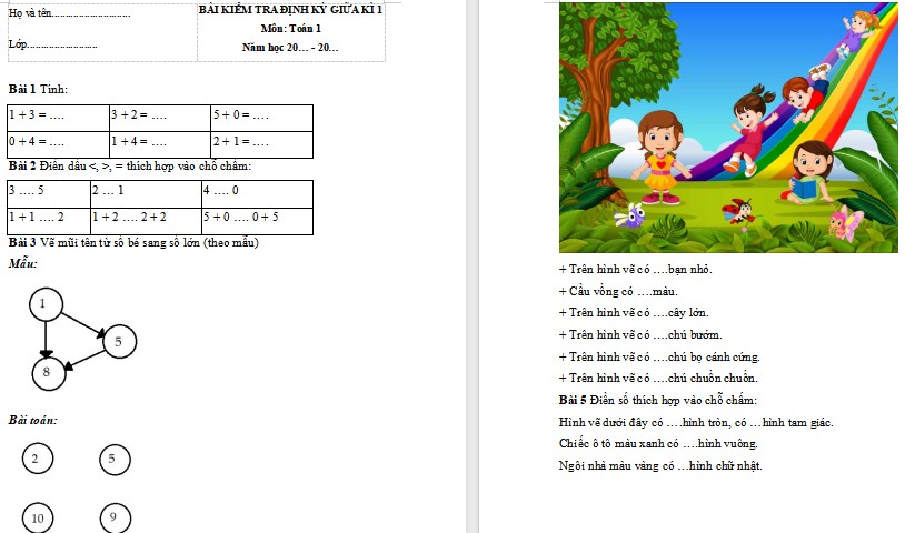 Đề thi giữa kì 1 Toán 1 Chân trời sáng tạo