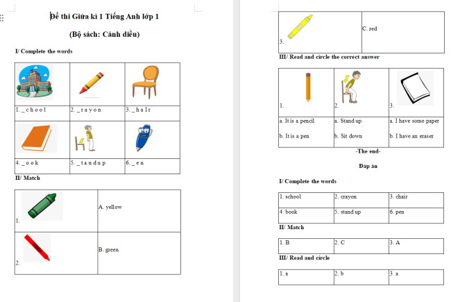 Đề thi giữa kì 1 môn Tiếng Anh lớp 1 sách Cánh diều