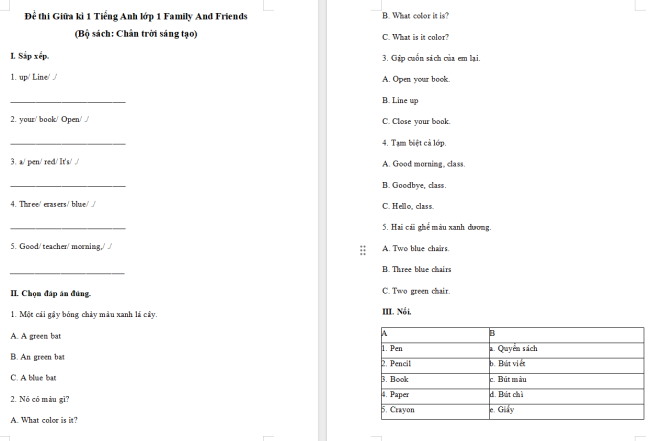 Đề thi giữa kì 1 môn Tiếng Anh lớp 1 sách Chân trời sáng tạo
