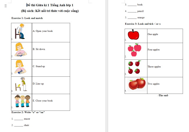 Đề thi giữa kì 1 môn Tiếng Anh lớp 1 sách KNTT