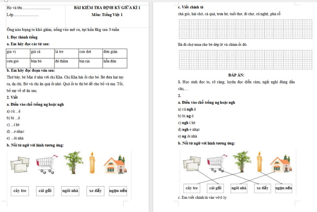 Đề thi giữa kì 1 môn Tiếng Việt lớp 1 sách Kết nối tri thức
