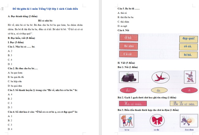 Đề thi giữa kì 1 môn Tiếng Việt lớp 1 sách Cánh diều