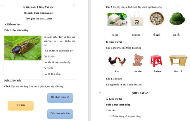 Đề thi giữa kì 1 môn Tiếng Việt lớp 1 sách CTST