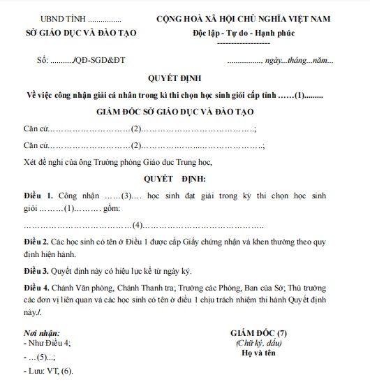 Mẫu quyết định về việc công nhận giải cá nhân trong kì thi chọn học sinh giỏi