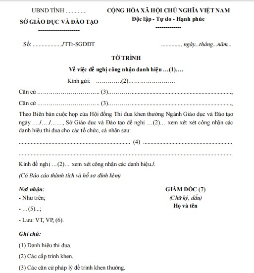 Mẫu tờ trình về việc đề nghị công nhận danh hiệu