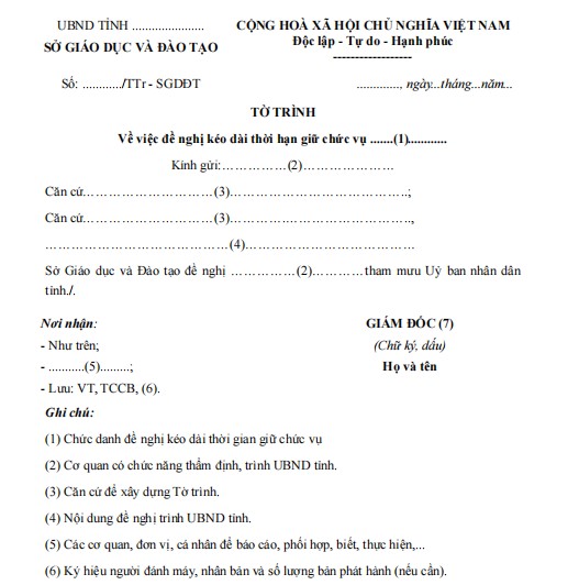 Mẫu tờ trình đề nghị về việc kéo dài thời hạn giữ chức vụ hiệu trưởng