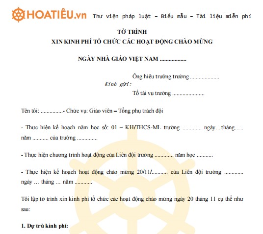 Mẫu tờ trình xin kinh phí 20-11