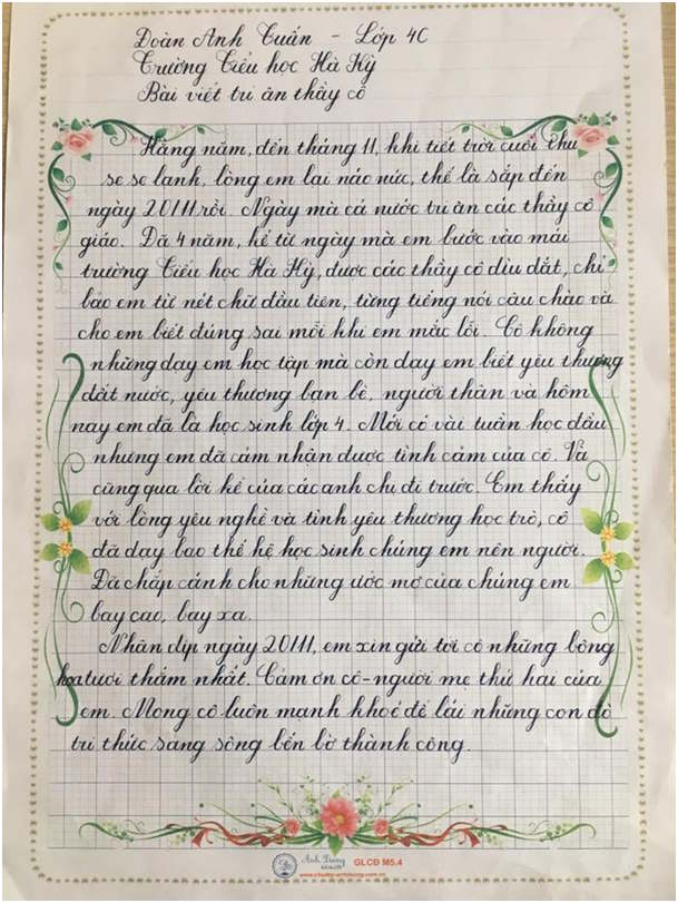 Thư tri ân thầy cô viết tay của học sinh Tiểu học