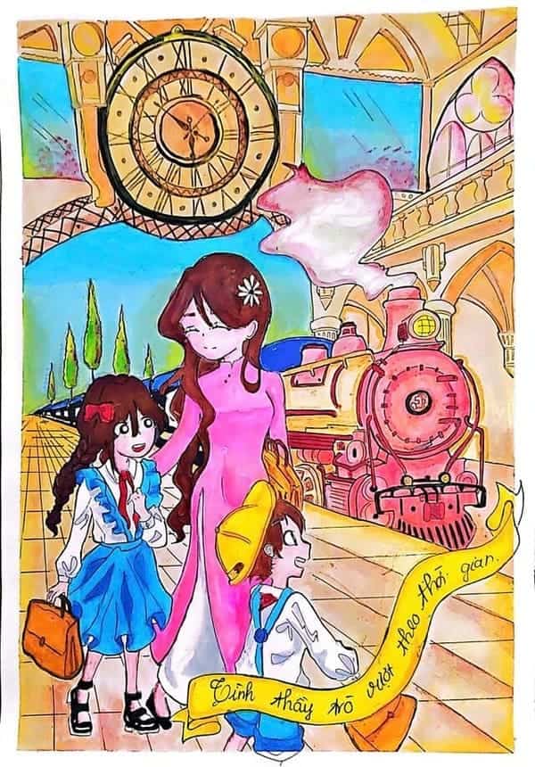 Tranh vẽ chủ đề Tình thầy trò vượt theo thời gian