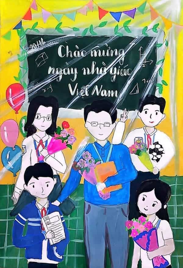 Tranh vẽ thầy giáo và học sinh thân yêu