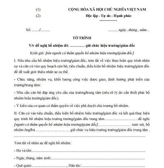 Mẫu tờ trình đề nghị về việc bổ nhiệm giữ chức vụ hiệu trưởng, giám đốc trường nghề