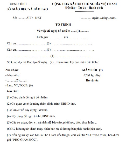Mẫu tờ trình đề nghị về việc bổ nhiệm hiệu trưởng