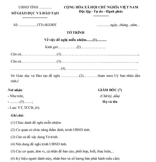 Mẫu tờ trình đề nghị về việc miễn nhiệm hiệu trưởng