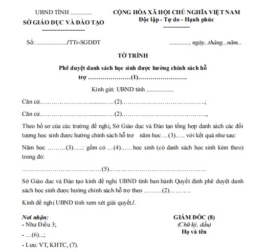 Mẫu tờ trình về việc phê duyệt danh sách học sinh được hưởng chính sách hỗ trợ