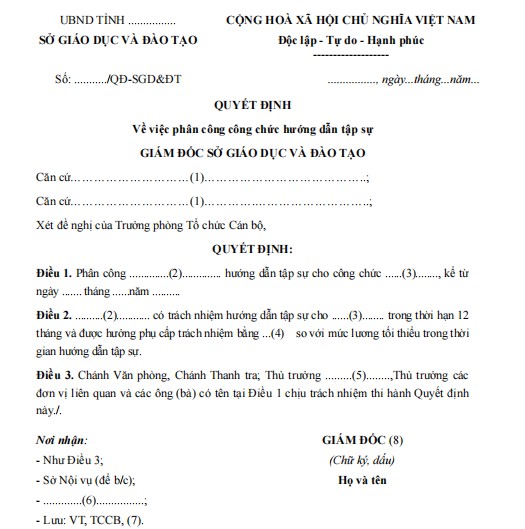 Mẫu quyết định về việc phân công công chức hướng dẫn tập sự