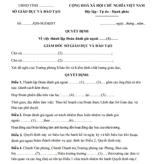 Mẫu quyết định về việc thành lập đoàn đánh giá ngoài