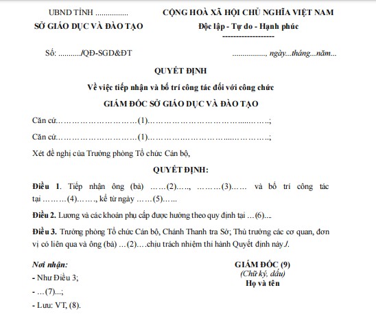 Mẫu quyết định về việc tiếp nhận và bố trí công tác đối với công chức