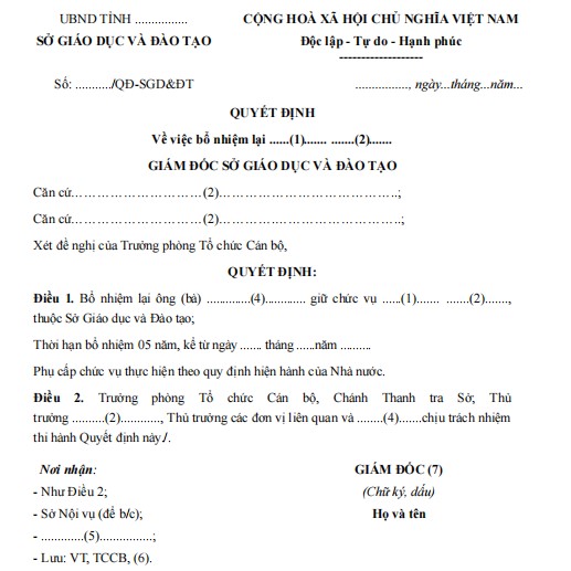 Mẫu quyết định về việc bổ nhiệm lại chức vụ