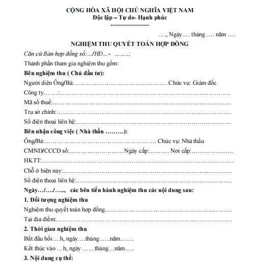 Mẫu biên bản nghiệm thu quyết toán hợp đồng