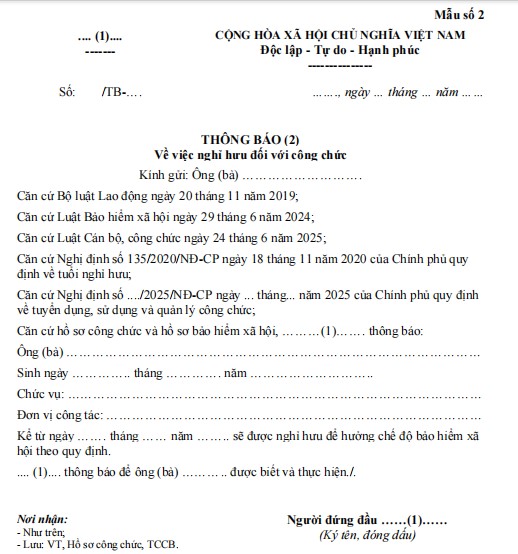 Mẫu thông báo nghỉ hưu