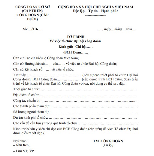 Mẫu tờ trình tổ chức đại hội công đoàn