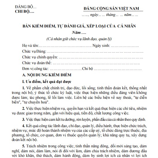 Báo cáo kiểm điểm đảng viên cuối năm của Bí thư Đảng ủy
