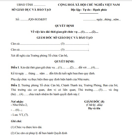 Mẫu quyết định về việc kéo dài thời gian giữ chức vụ