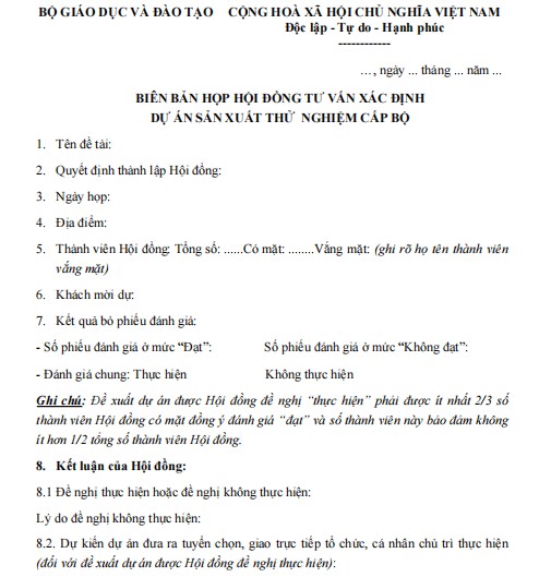 Mẫu biên bản họp hội đồng tư vấn xác định dự án sản xuất thử nghiệm cấp bộ