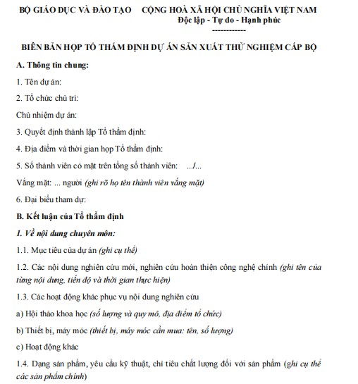 Mẫu biên bản ghi chép họp tổ thẩm định dự án sản xuất thử nghiệm cấp bộ