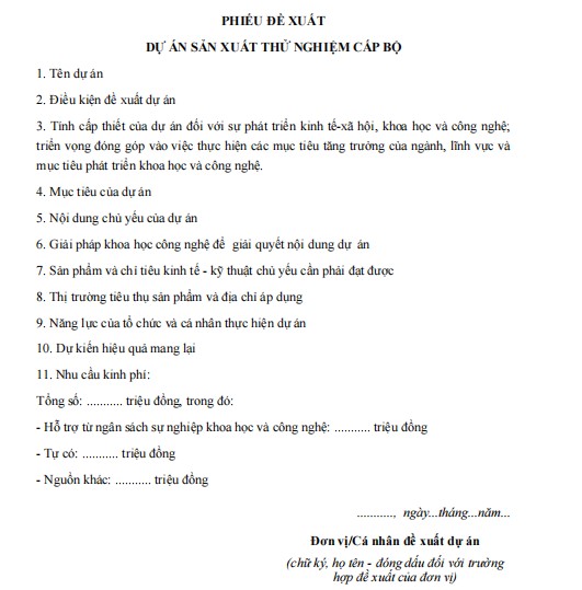 Mẫu phiếu đề xuất về dự án sản xuất thử nghiệm cấp bộ