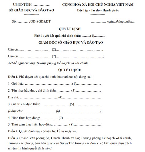 Mẫu quyết định về việc phê duyệt kết quả chỉ định thầu